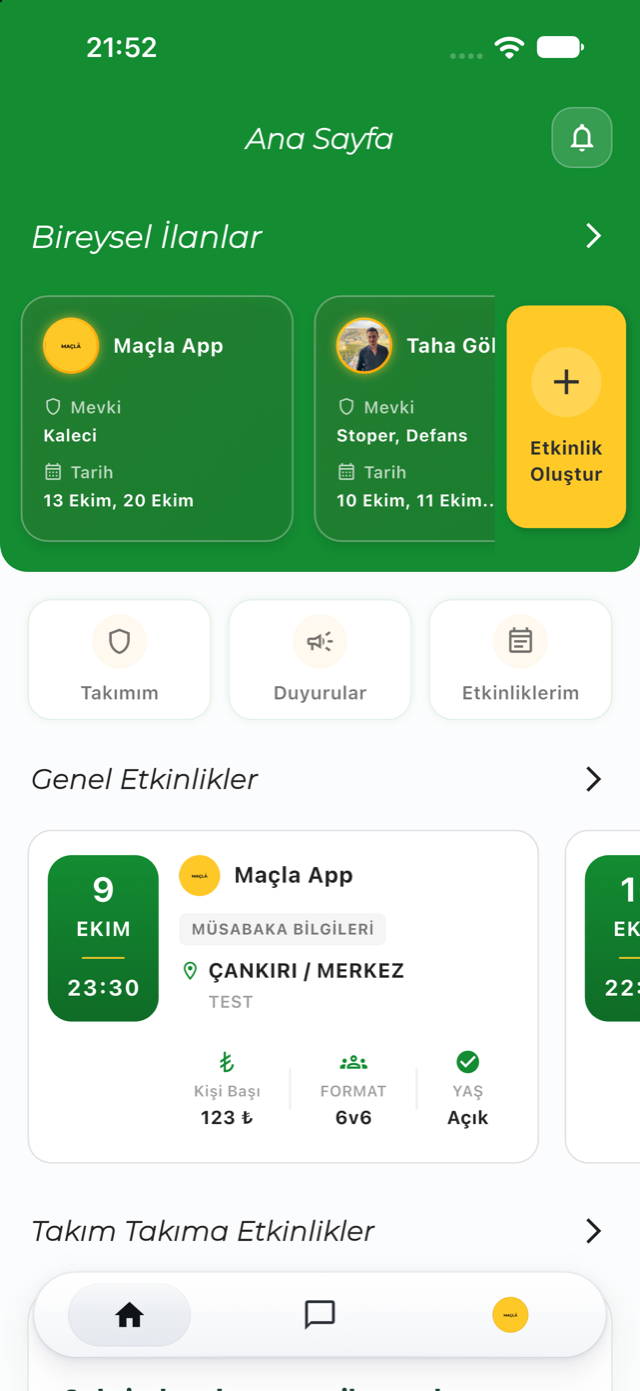 Maçla uygulamasının ana sayfası: bireysel ilanlar ve genel etkinlikler