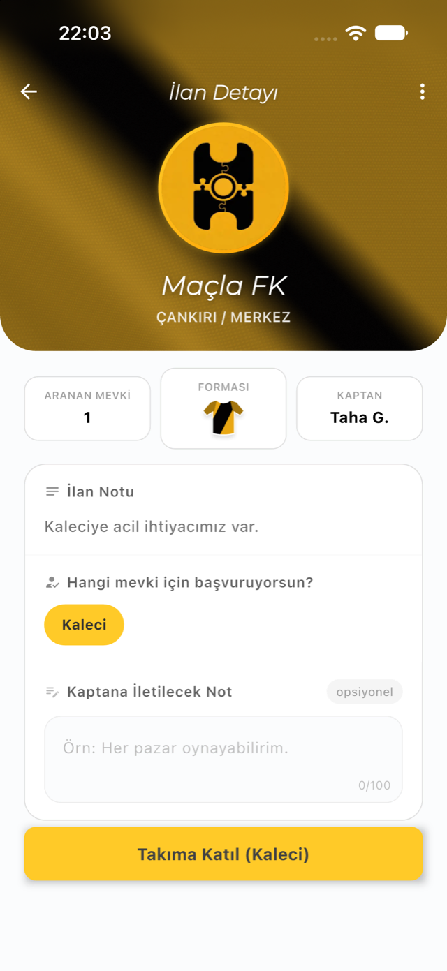Maçla uygulamasında takımın transfer ilanı: forma, aranan mevki ve Takıma Katıl butonu